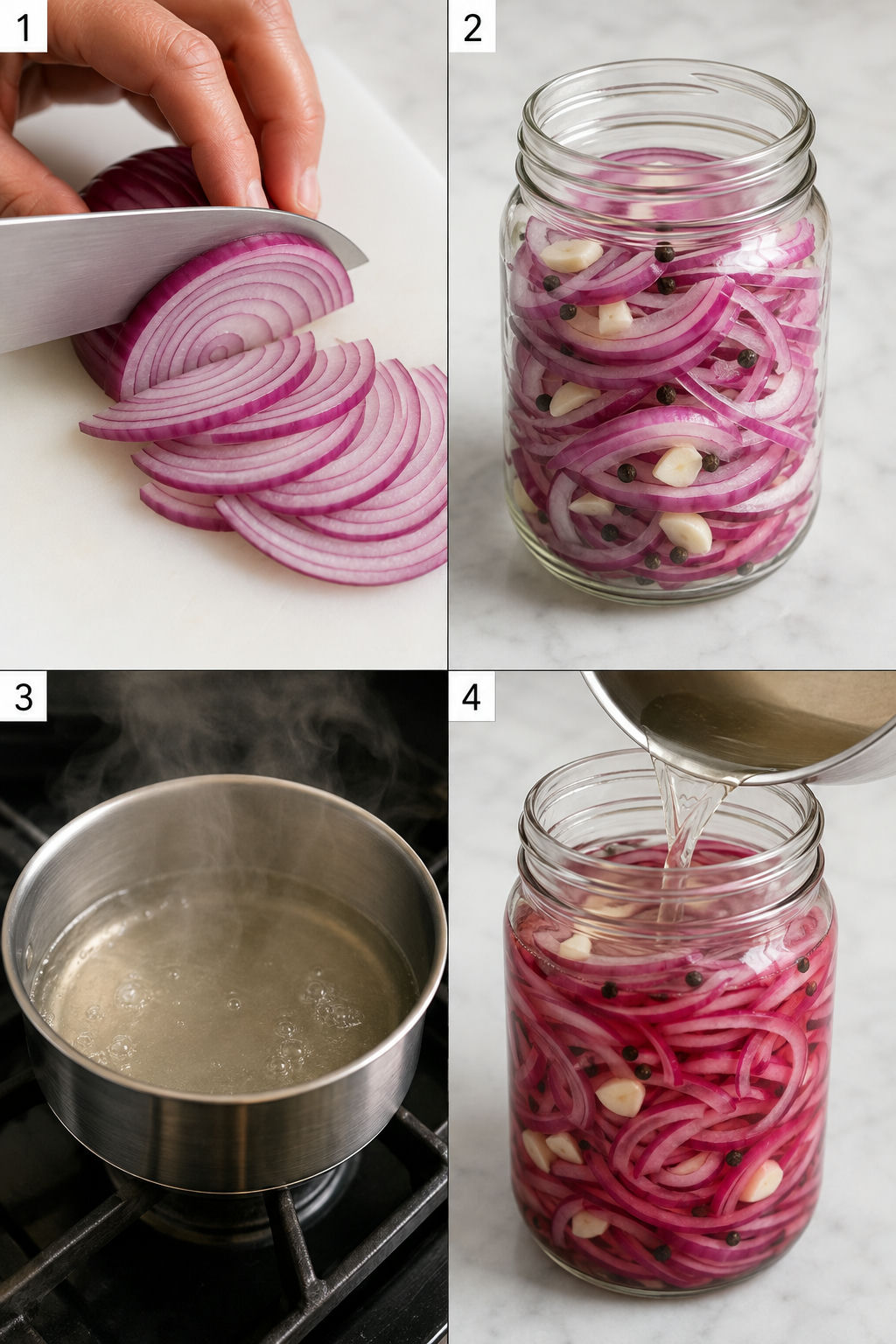 Four steps for making pickled red onions from slicing to brining