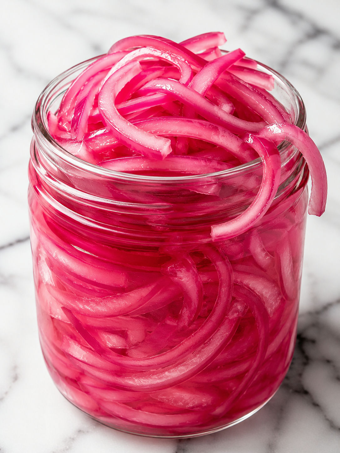 Vivid pink pickled red onions packed in a clear glass jar