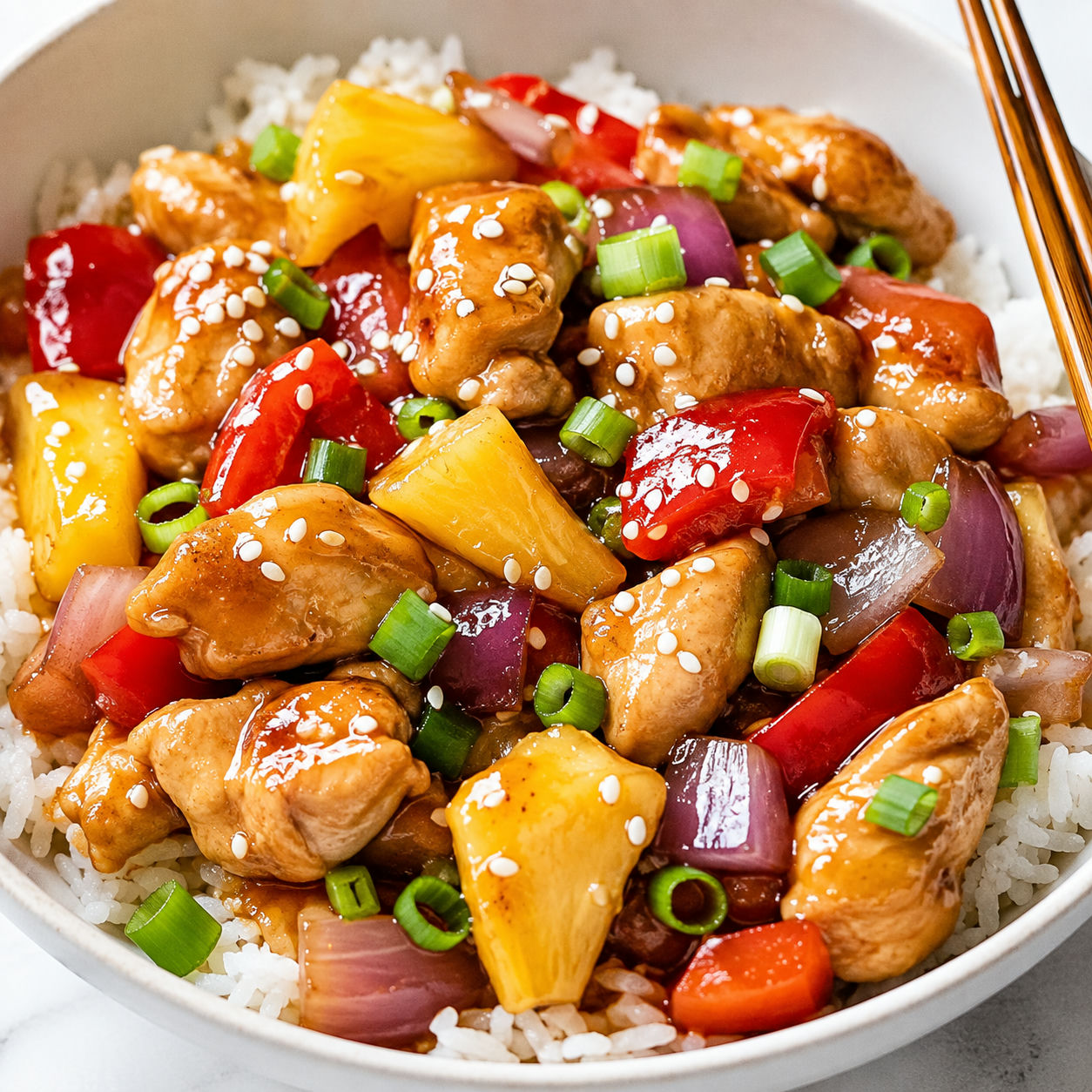 Pineapple chicken stir-fry with peppers, green onions, and sesame seeds over rice