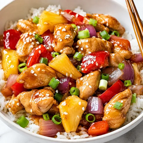 Pineapple chicken stir-fry with peppers, green onions, and sesame seeds over rice