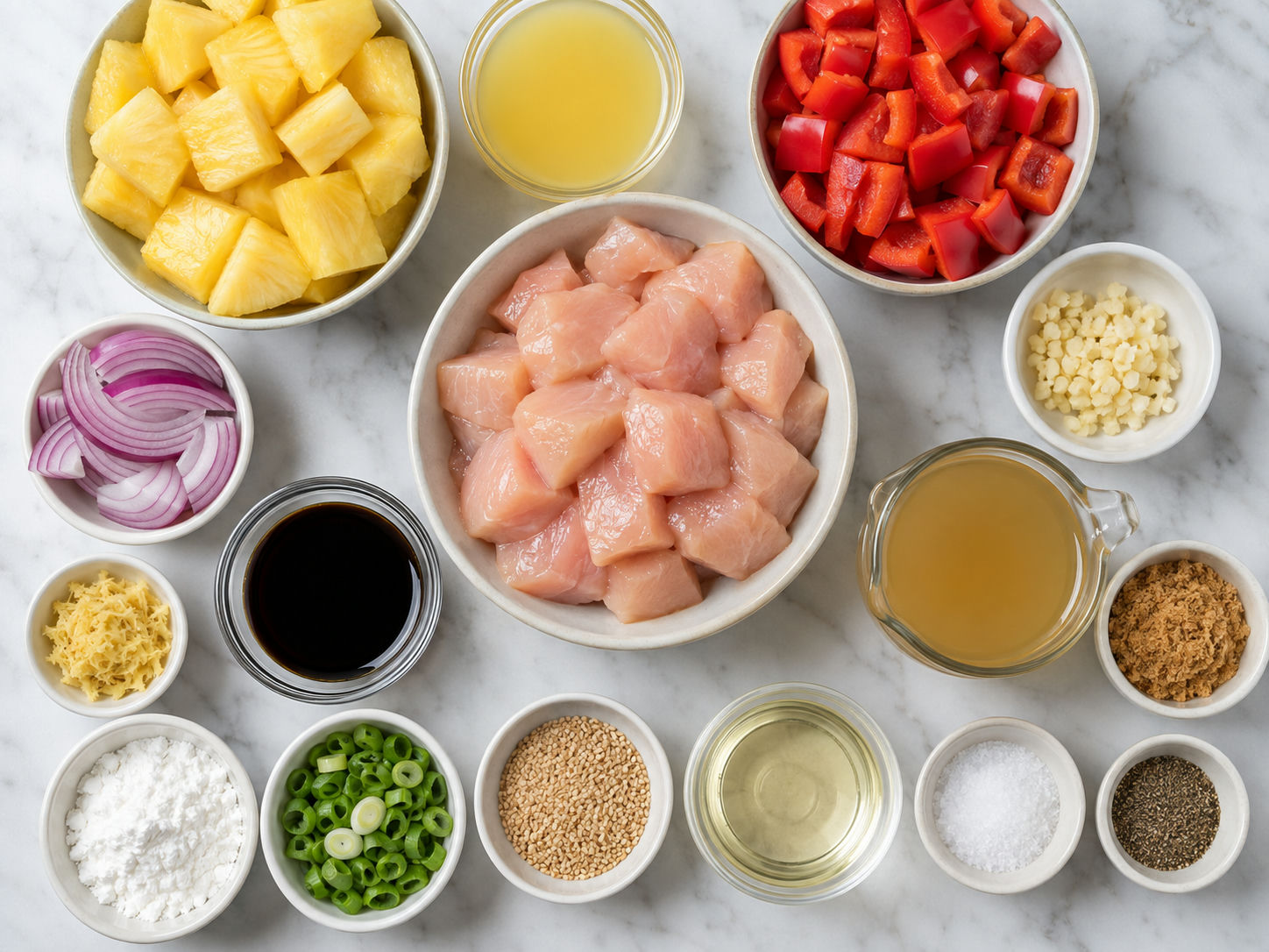 Ingredients for pineapple chicken stir-fry with chicken, pineapple, peppers, and sauce