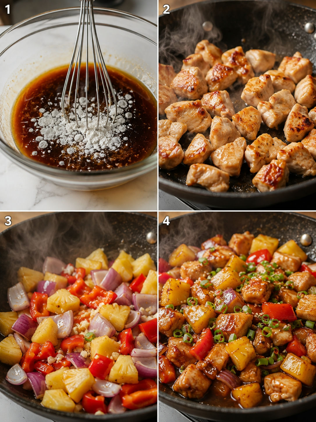 Four cooking steps for pineapple chicken stir-fry from sauce to glossy skillet