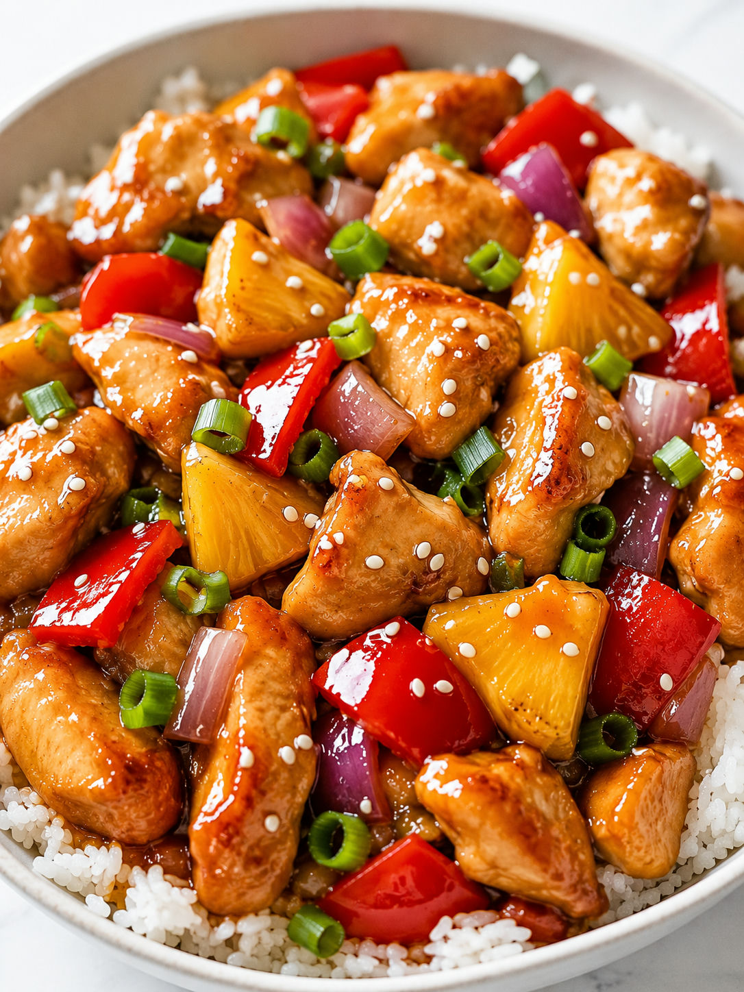 Glossy pineapple chicken stir-fry over rice with peppers and sesame seeds