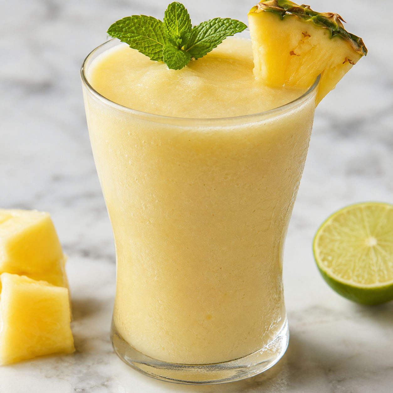 Creamy pineapple coconut smoothie with mint and pineapple wedge