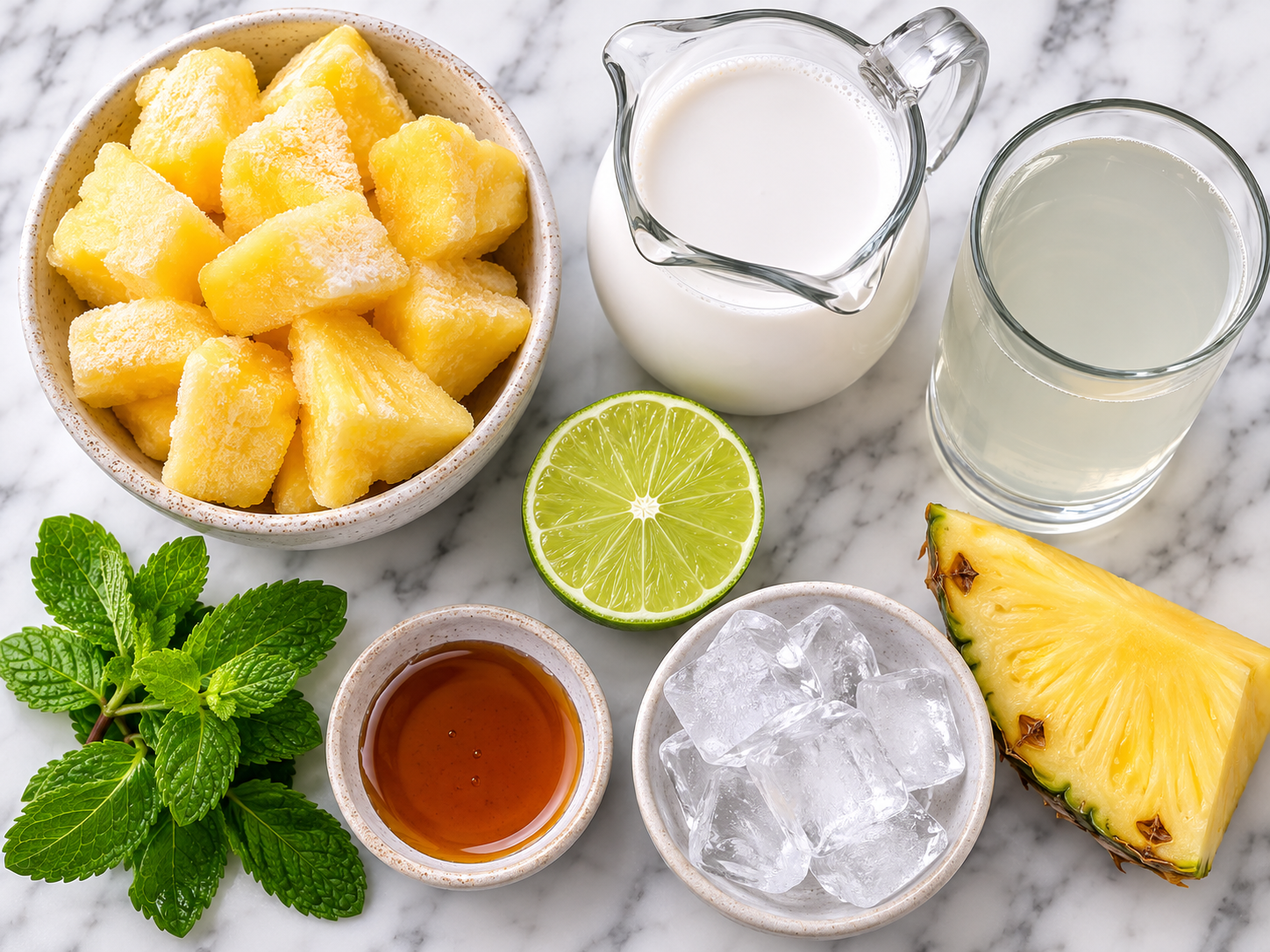 Pineapple coconut smoothie ingredients with lime, mint, and ice