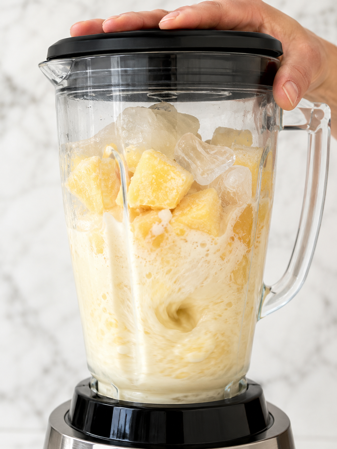 Pineapple and coconut smoothie blending with ice and lime