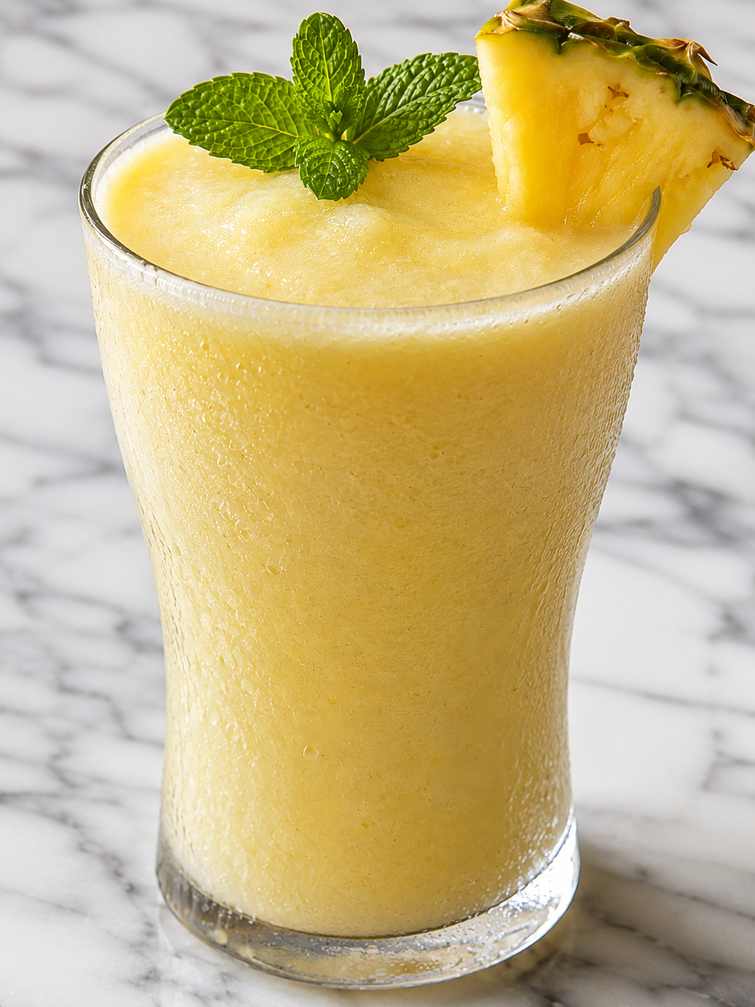 Creamy pineapple coconut smoothie in a chilled glass with mint