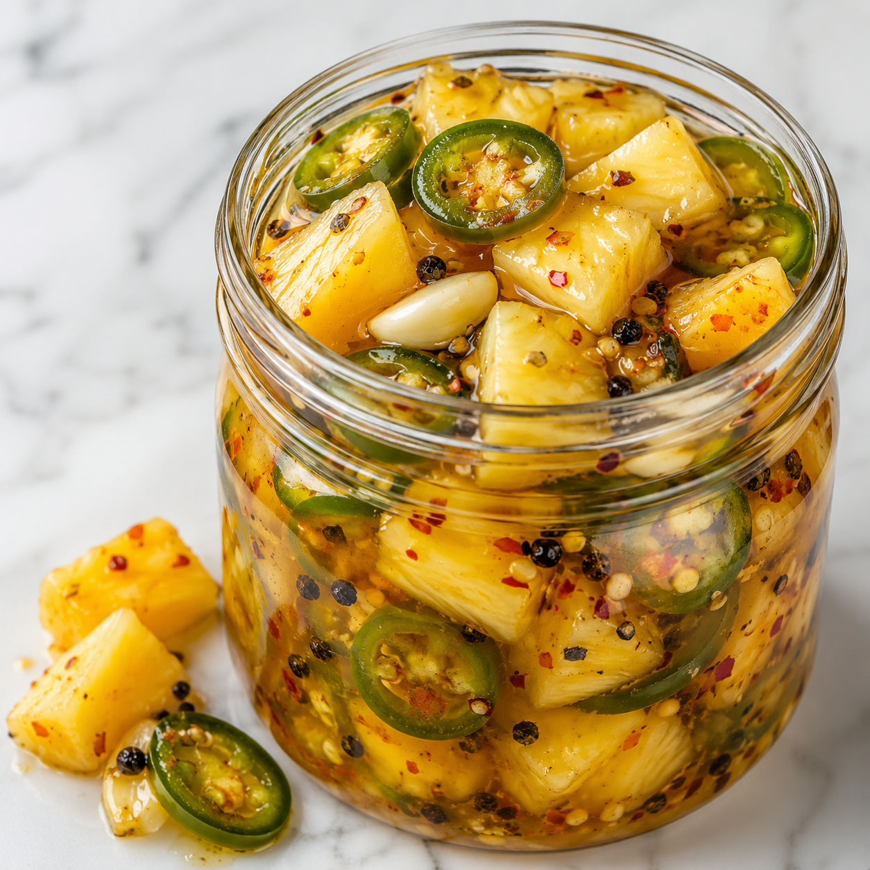 Pineapple jalapeño pickles in a glass jar with garlic and peppercorns