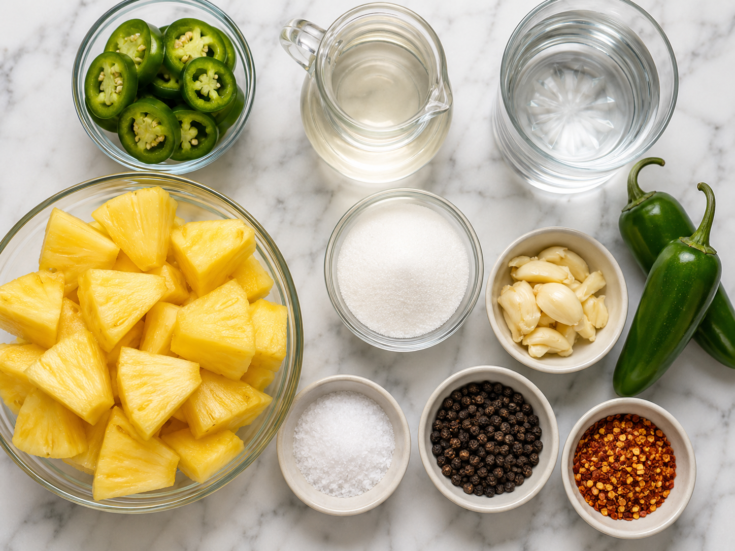 Fresh pineapple, jalapeños, vinegar, garlic, sugar, salt, and spices