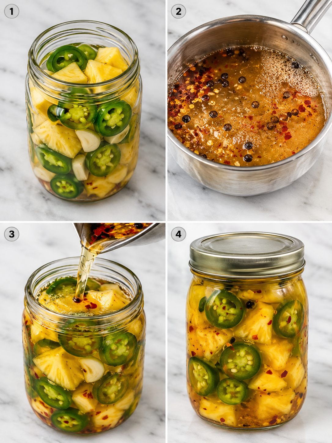 Four steps for making pineapple jalapeño pickles in a glass jar
