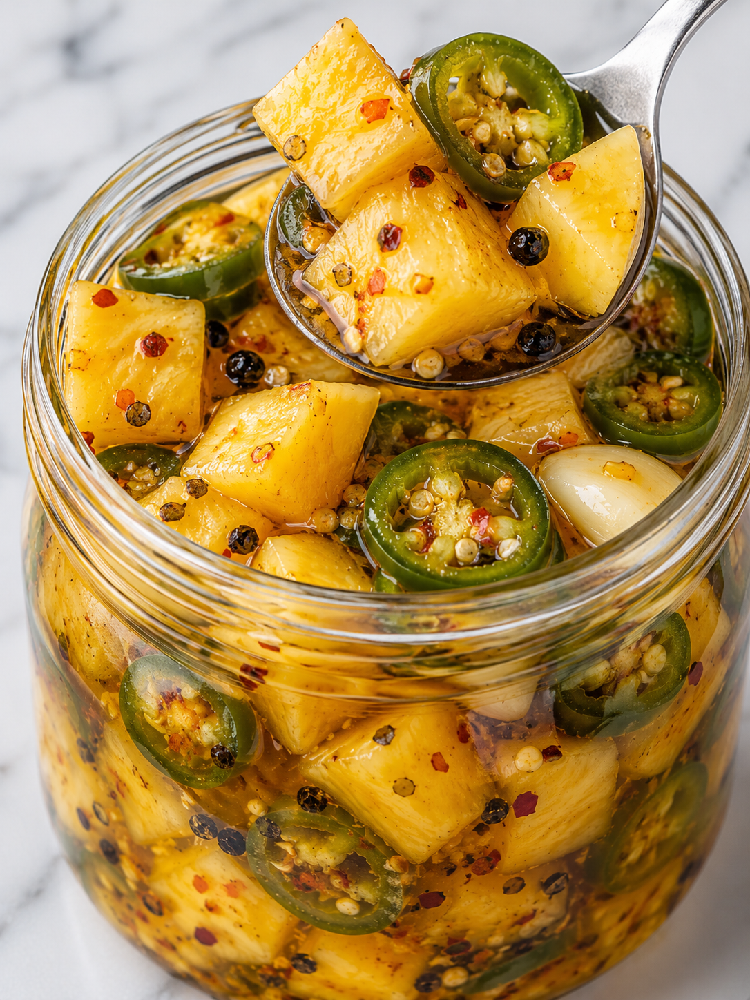 Glossy pineapple jalapeño pickles lifted from a glass jar