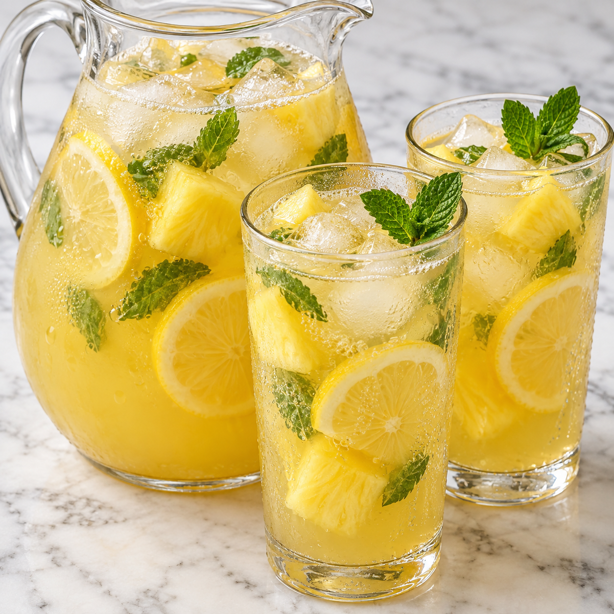 Pineapple lemonade with lemon slices, pineapple chunks, mint, and ice