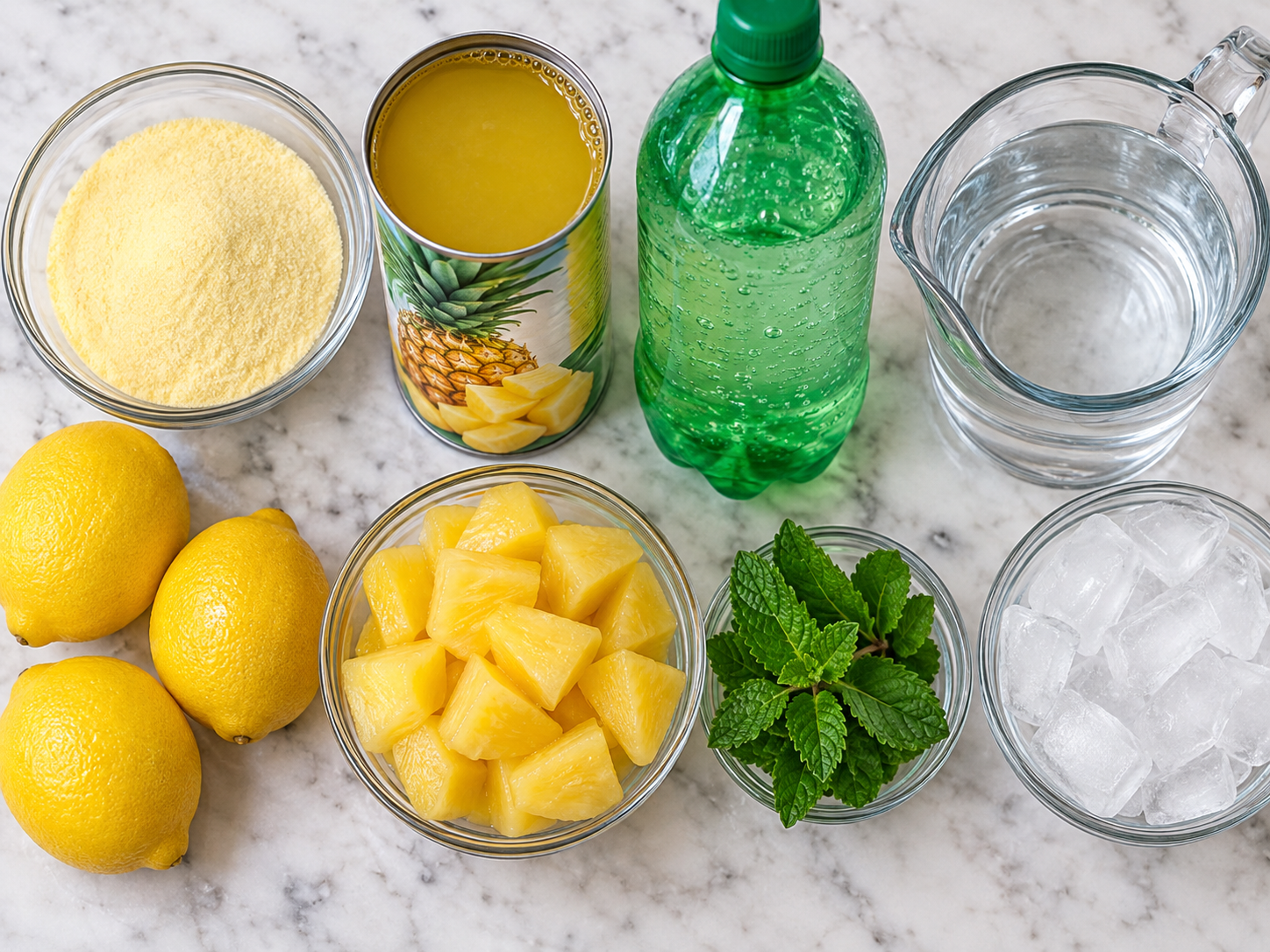 Ingredients for pineapple lemonade with lemons, pineapple juice, soda, mint, and ice