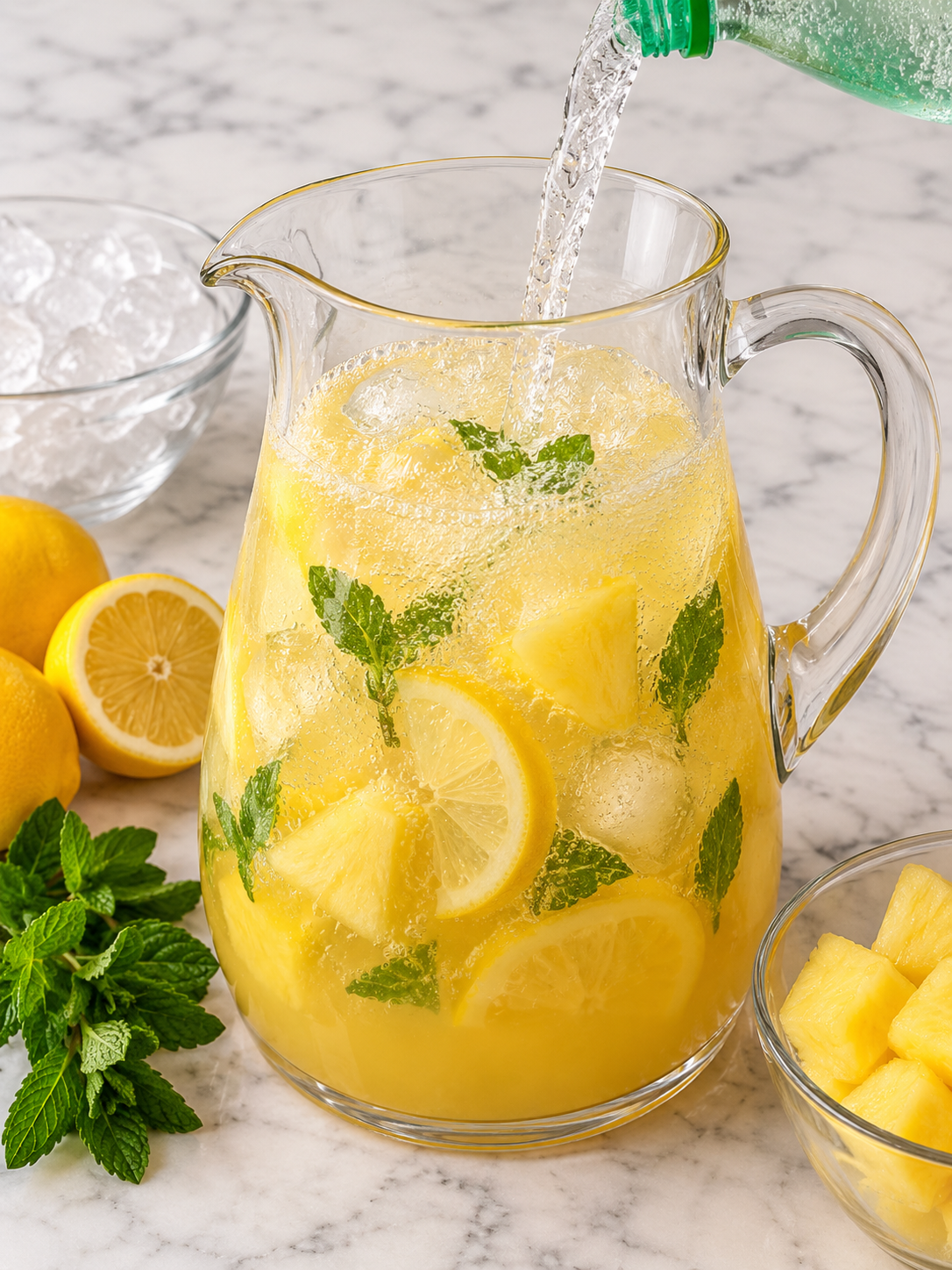 Lemon-lime soda poured into pineapple lemonade with lemons and mint