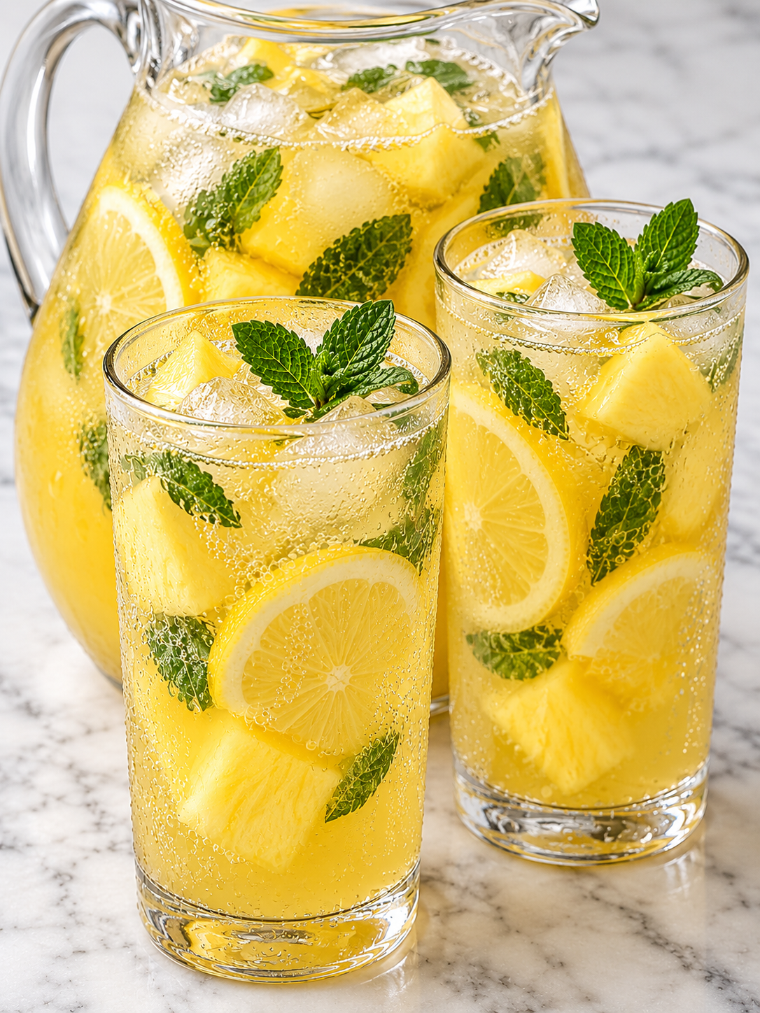 Frosty glasses of pineapple lemonade with lemon, pineapple, mint, and ice