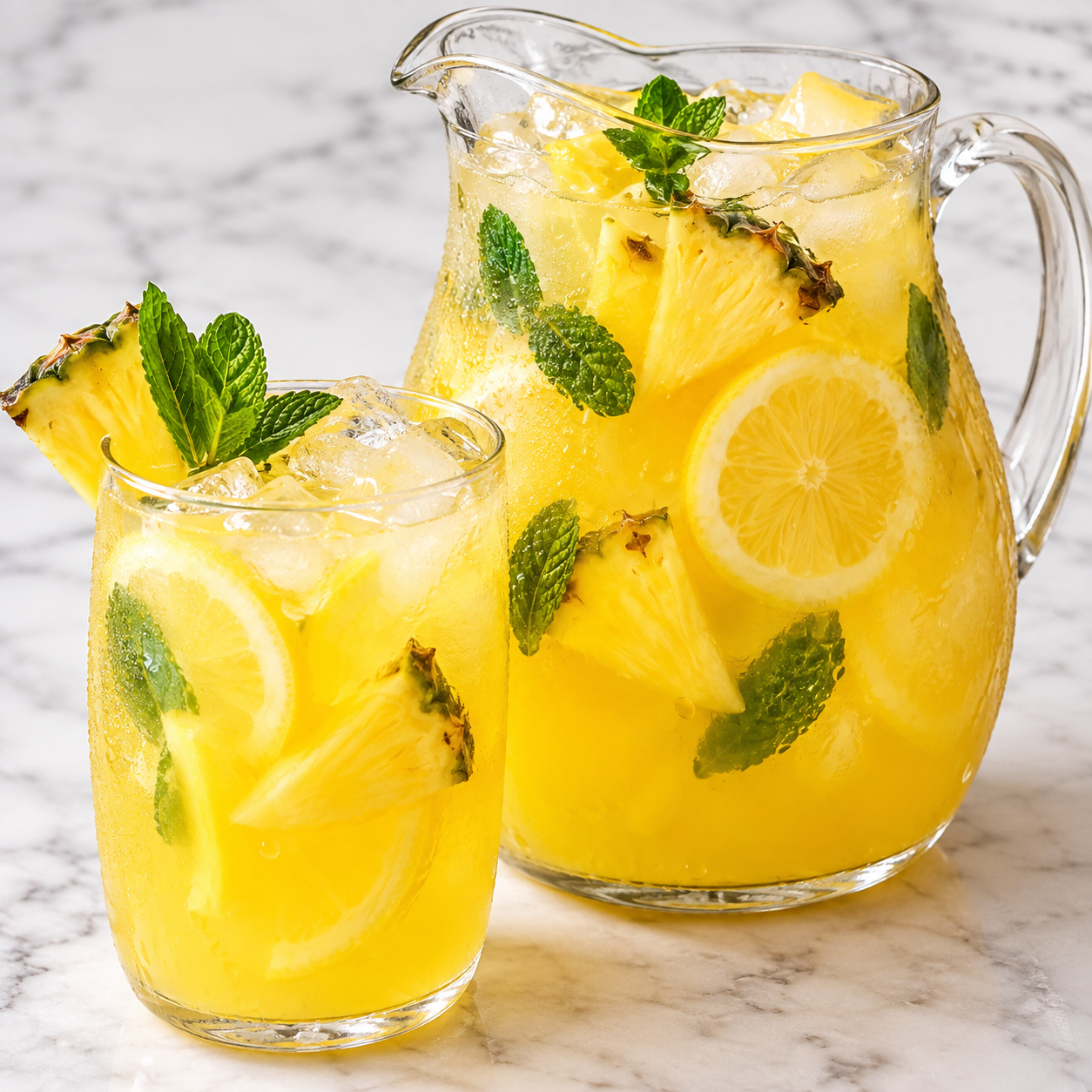 Pineapple lemonade with lemon slices, pineapple wedges, mint, and ice