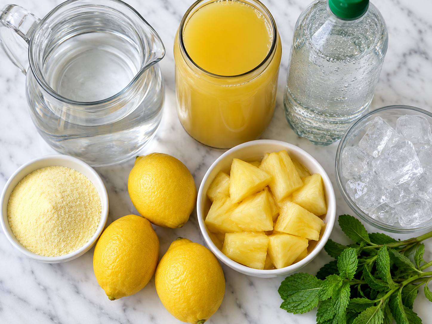 Ingredients for pineapple lemonade with pineapple juice, lemons, soda, mint, and ice