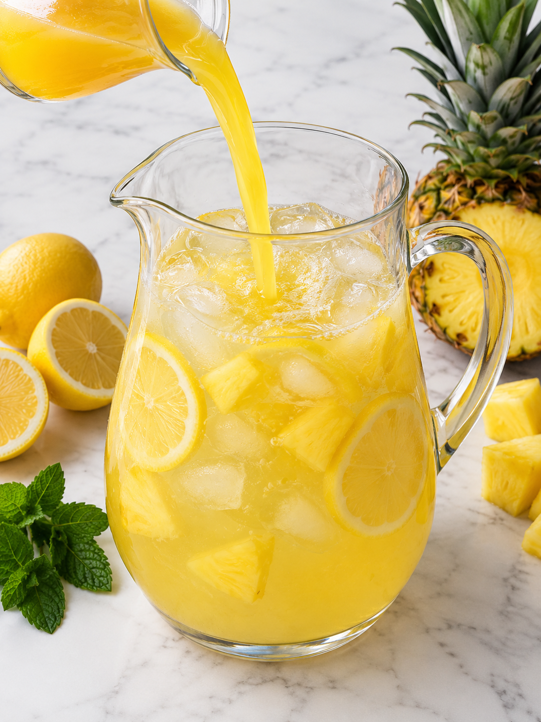 Pineapple juice being poured into lemonade with ice and lemon slices