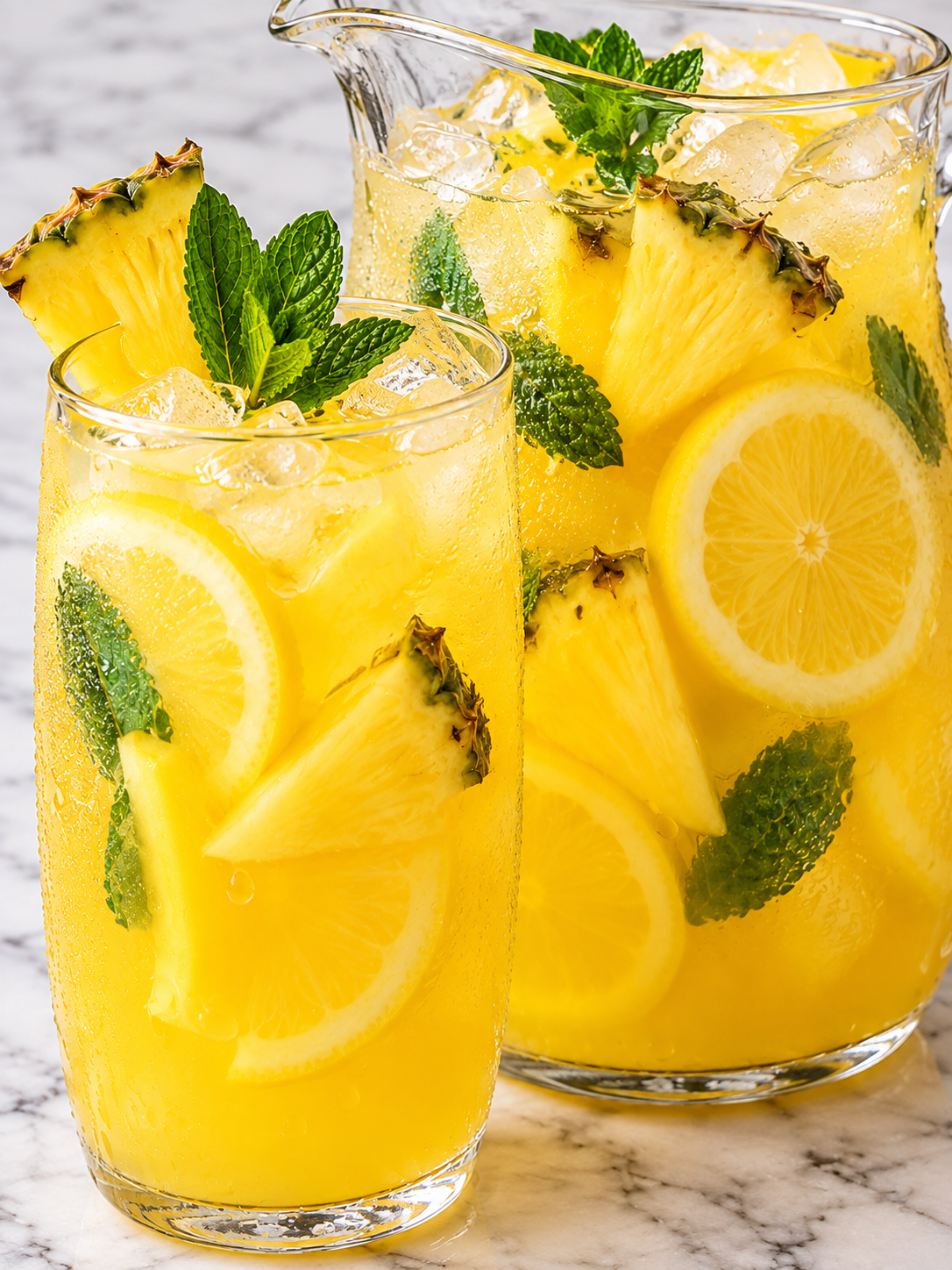 Golden pineapple lemonade over ice with lemon slices, pineapple, and mint
