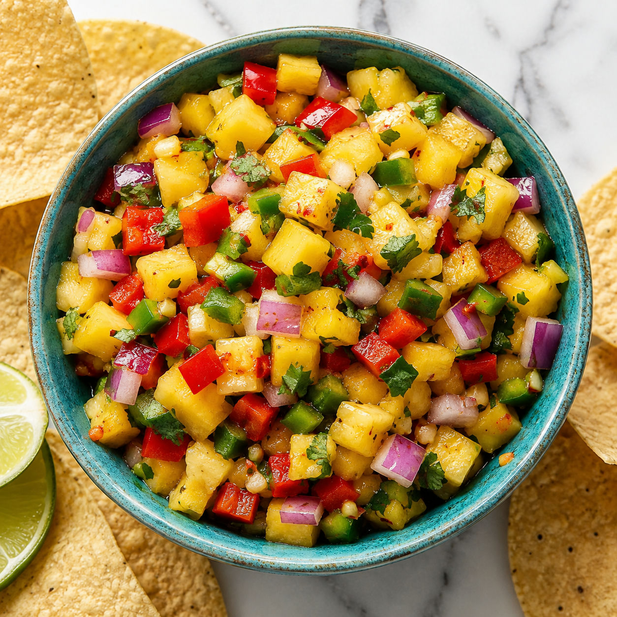 Pineapple salsa with red pepper, cilantro, lime, and tortilla chips