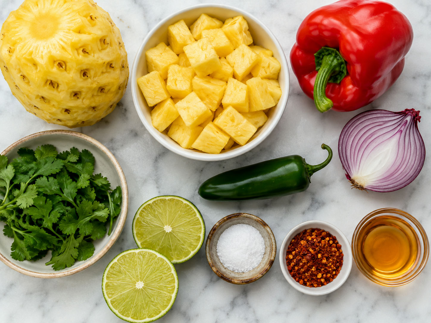 Fresh pineapple salsa ingredients with jalapeno, lime, cilantro, and red pepper