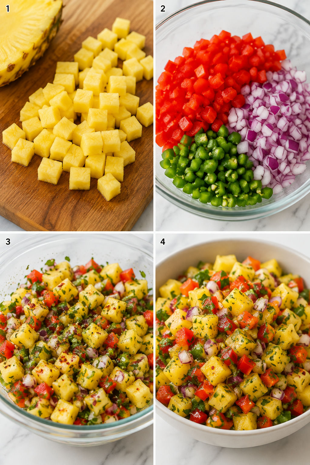 Four steps for making pineapple salsa from dicing to chilling