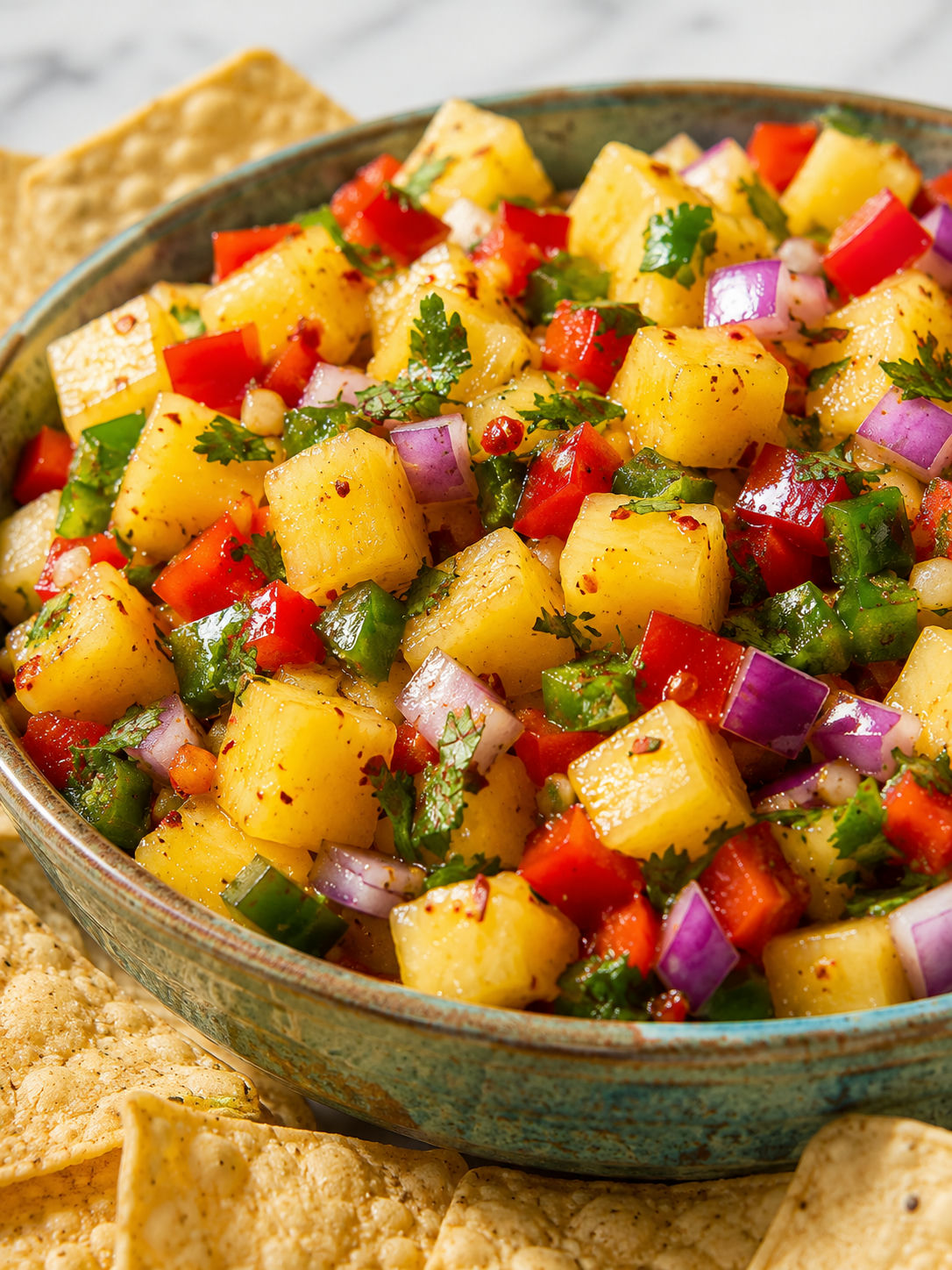 Fresh pineapple salsa in a bowl with cilantro, lime, and tortilla chips