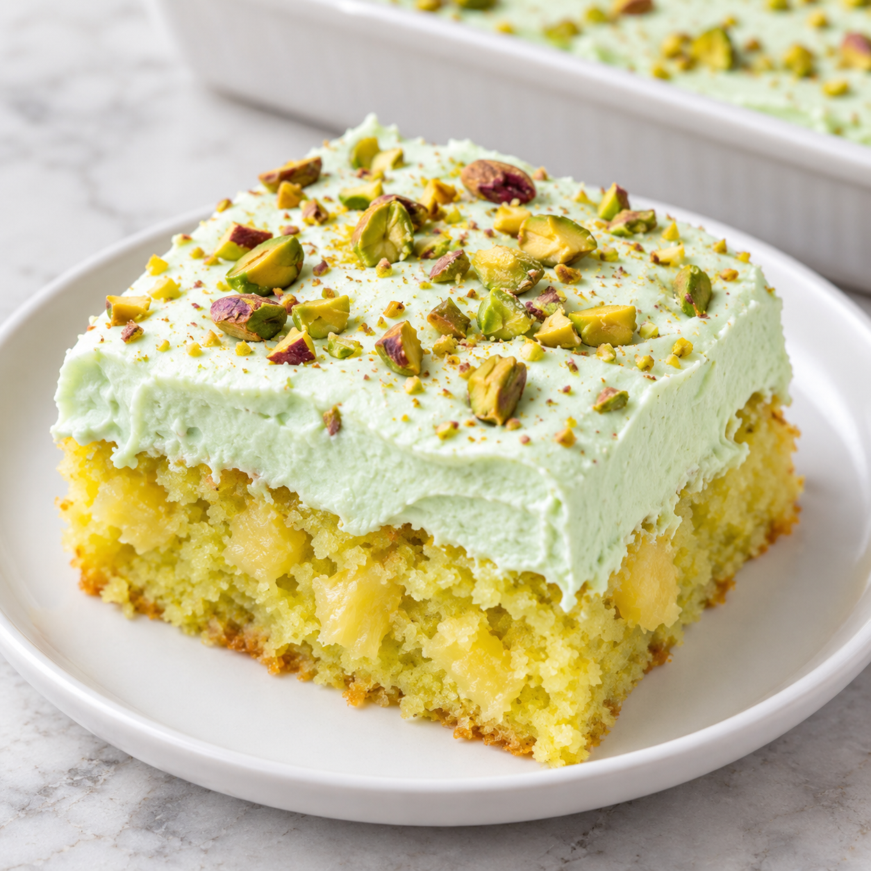 Pistachio pineapple cake slice with whipped frosting and chopped pistachios