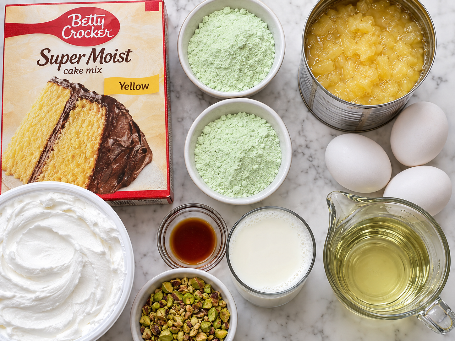 Ingredients for pistachio pineapple cake with pudding, pineapple, eggs, and nuts