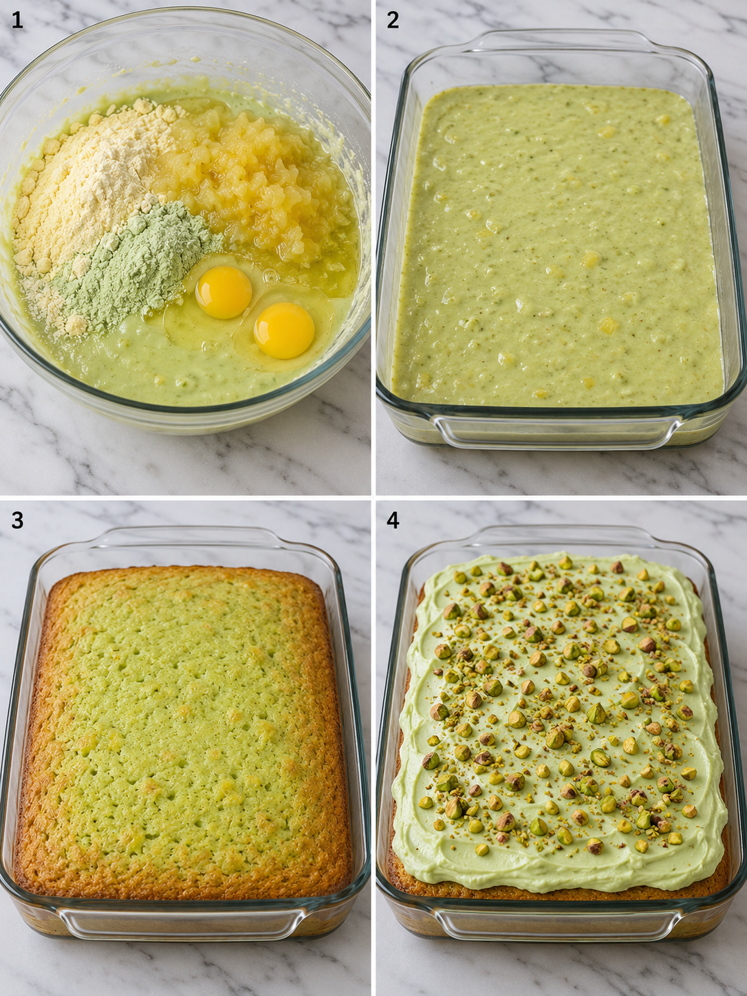Four steps for mixing, baking, frosting, and topping pistachio pineapple cake