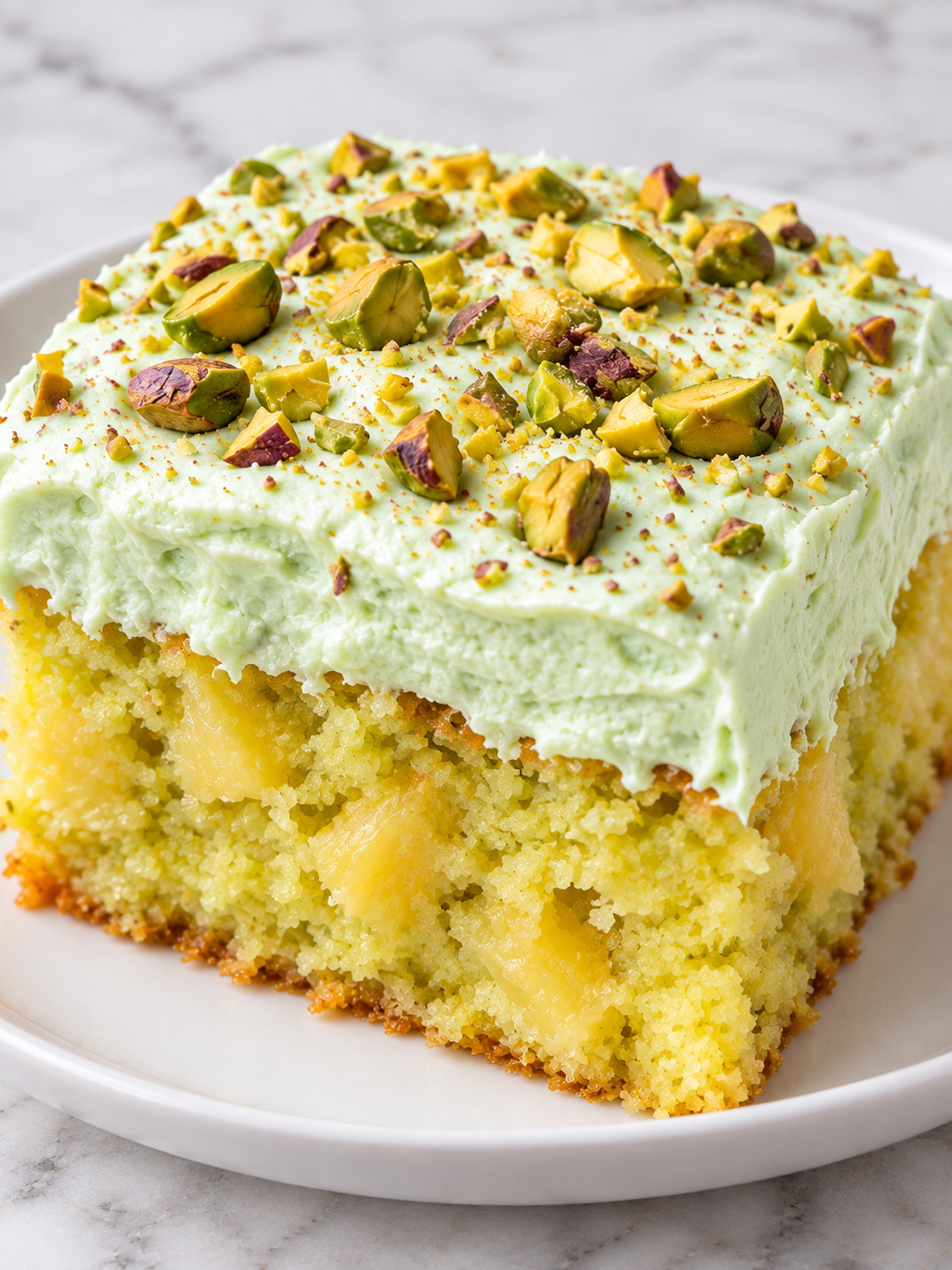 Pistachio pineapple cake slice with green frosting and pistachio topping