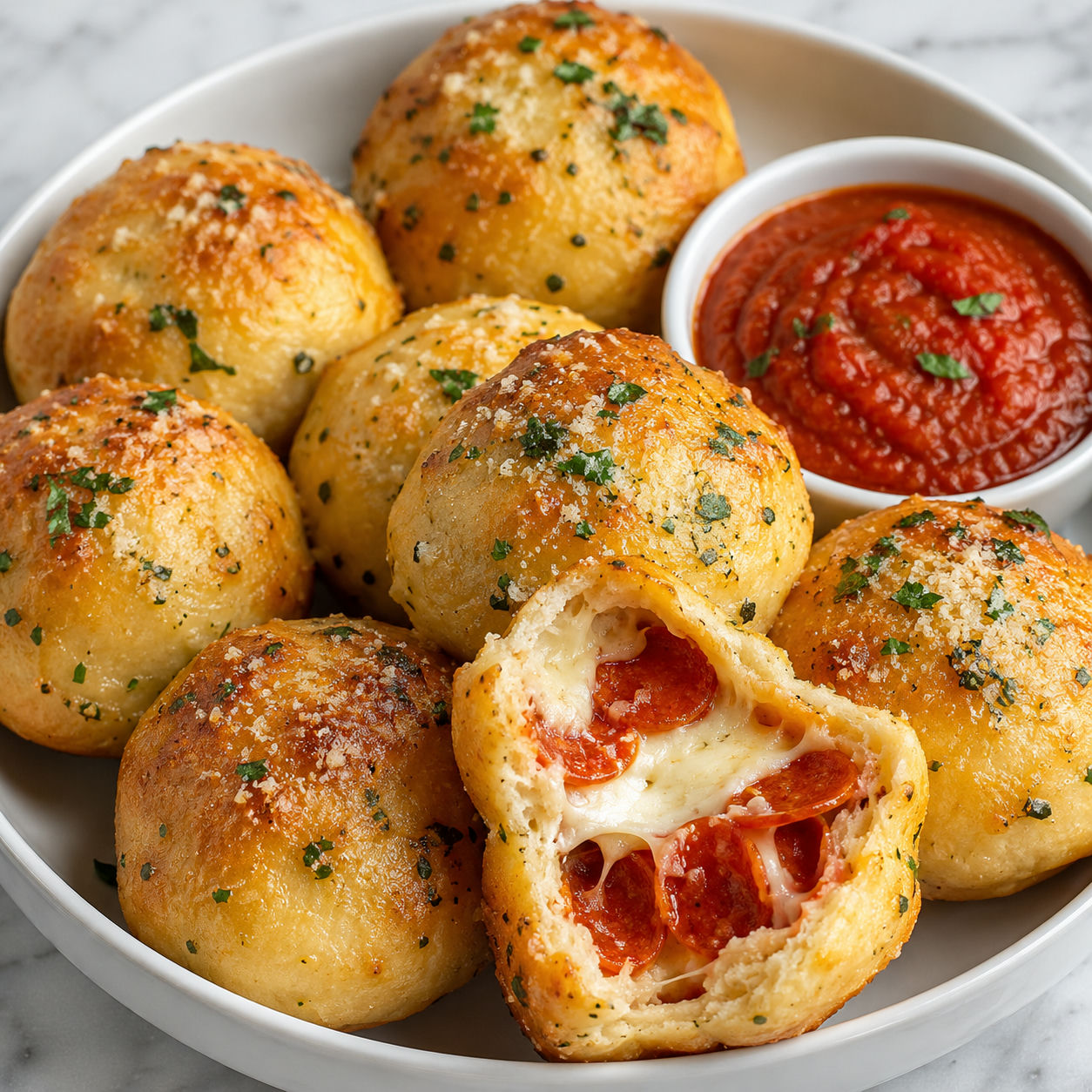 Golden Pizza Bombs with melted mozzarella, pepperoni, and marinara dip
