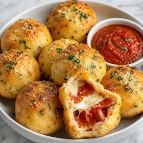 Golden Pizza Bombs with melted mozzarella, pepperoni, and marinara dip