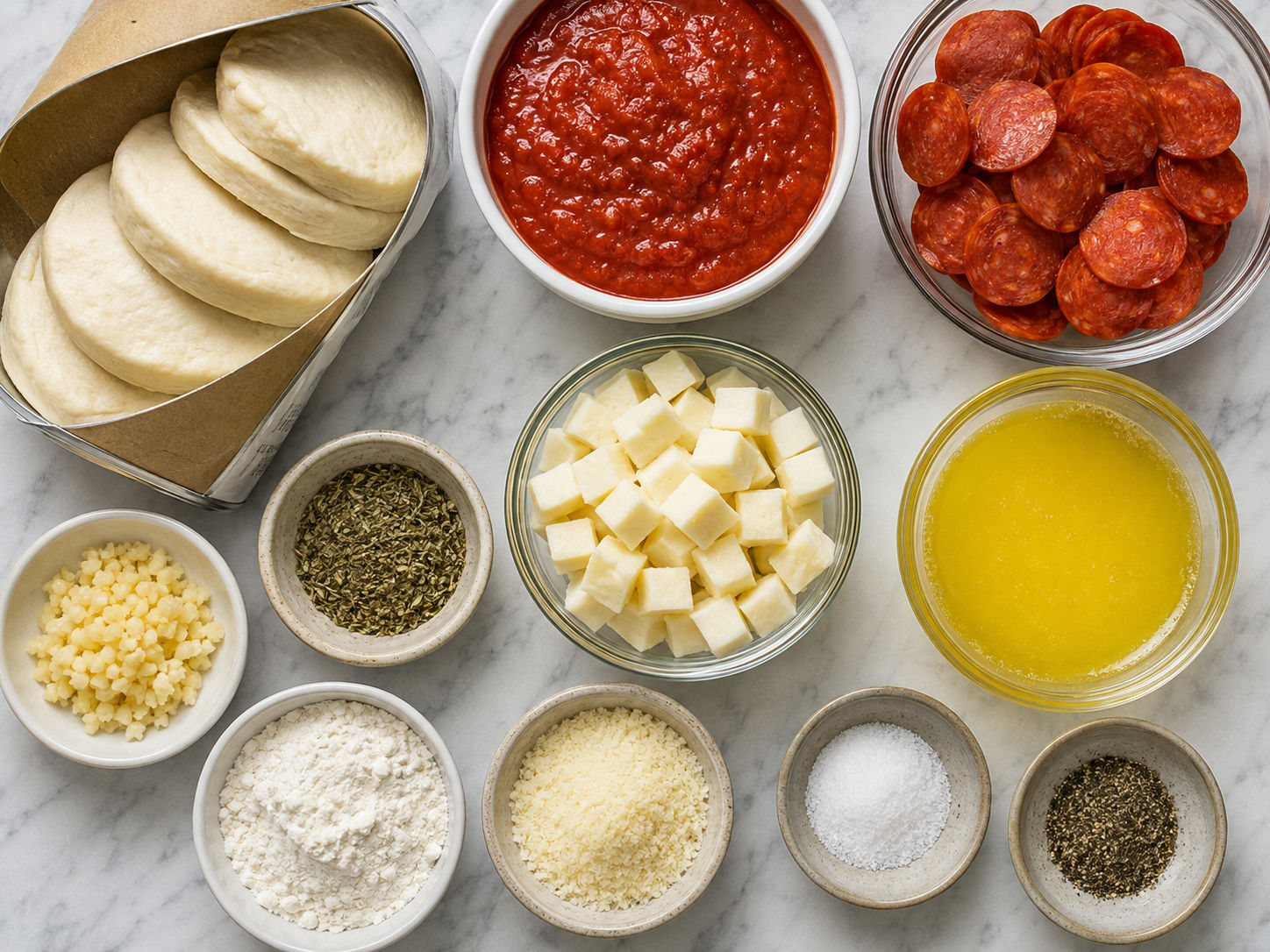 Pizza Bombs ingredients with biscuit dough, pepperoni, mozzarella, and marinara