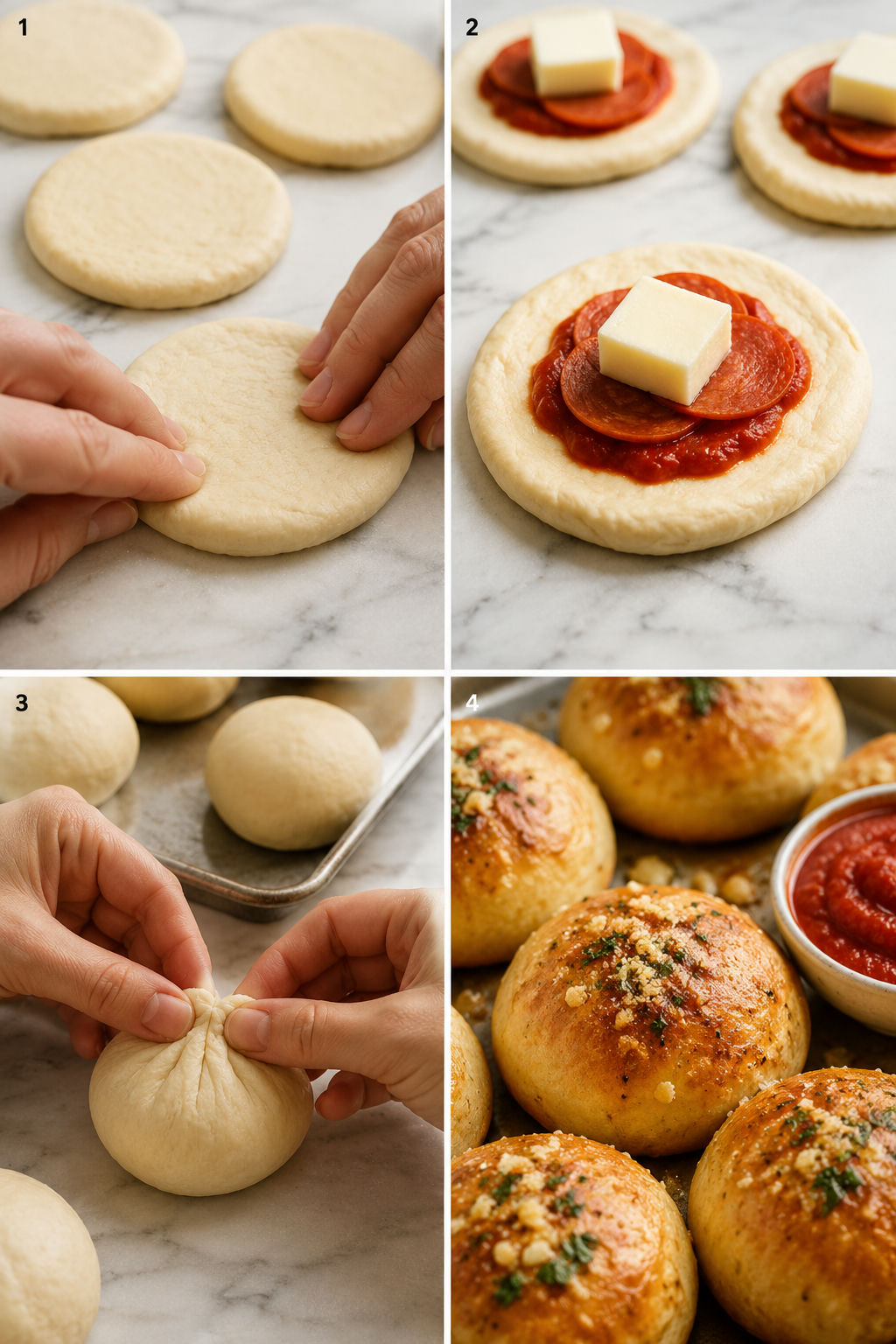 Four steps for making Pizza Bombs from filling to garlic butter brushing