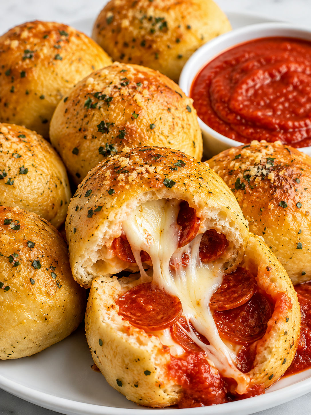 Cheesy Pizza Bombs with pepperoni, garlic butter, and warm marinara