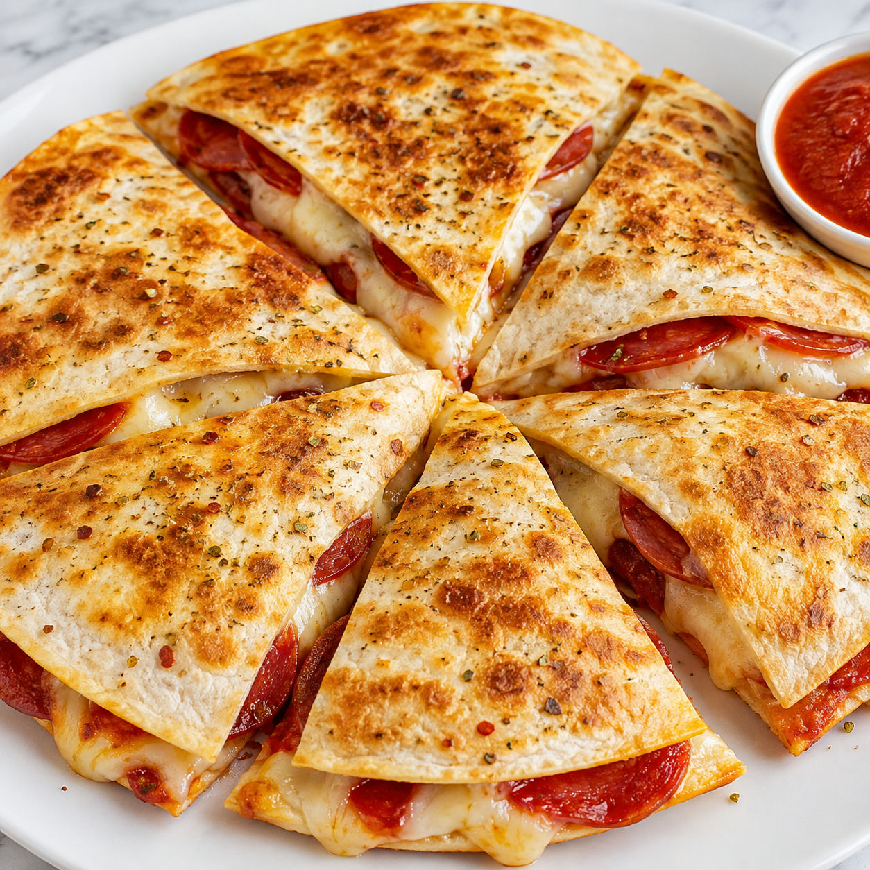 Pizza quesadilla wedges with pepperoni, melted mozzarella, and pizza sauce