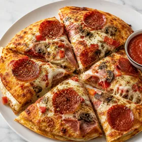 Crispy pizzadilla wedges with pepperoni, melted cheese, and pizza sauce