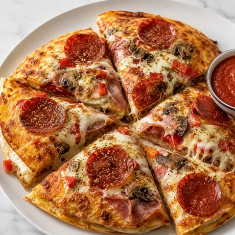 Crispy pizzadilla wedges with pepperoni, melted cheese, and pizza sauce