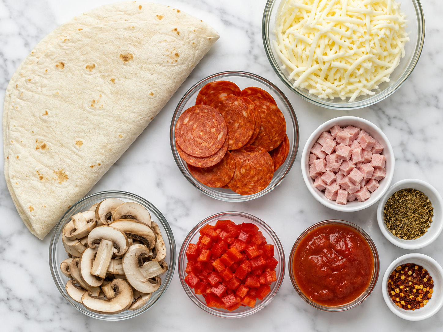 Ingredients for a pizzadilla with tortilla, pepperoni, cheese, ham, and peppers