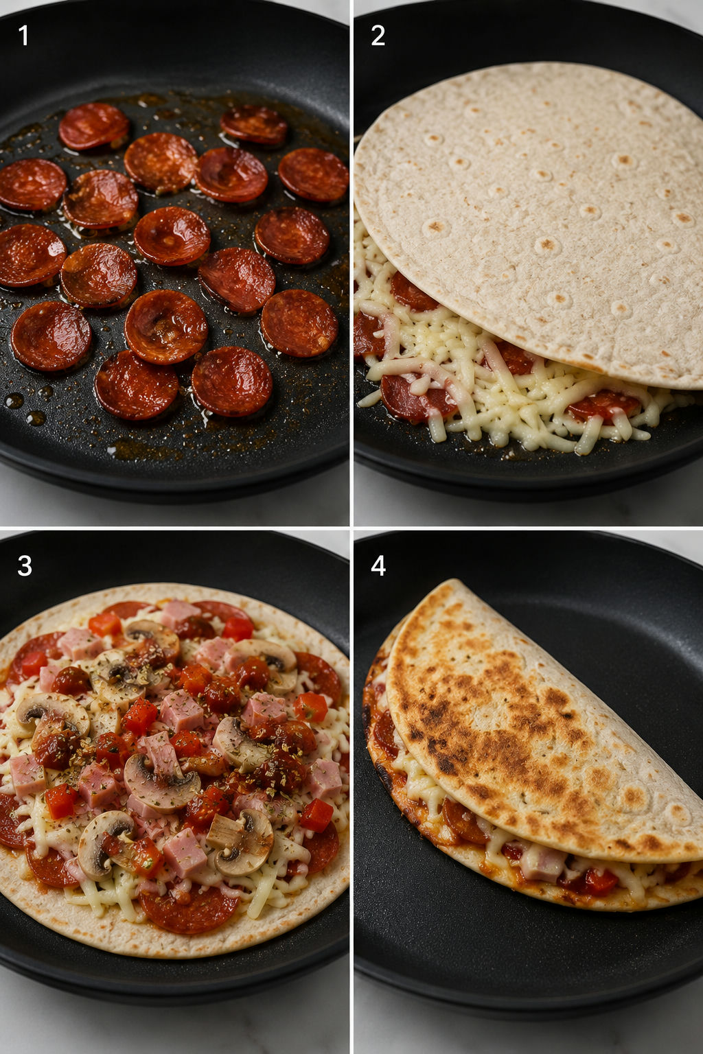 Four cooking steps for a pizzadilla from crisping pepperoni to toasting