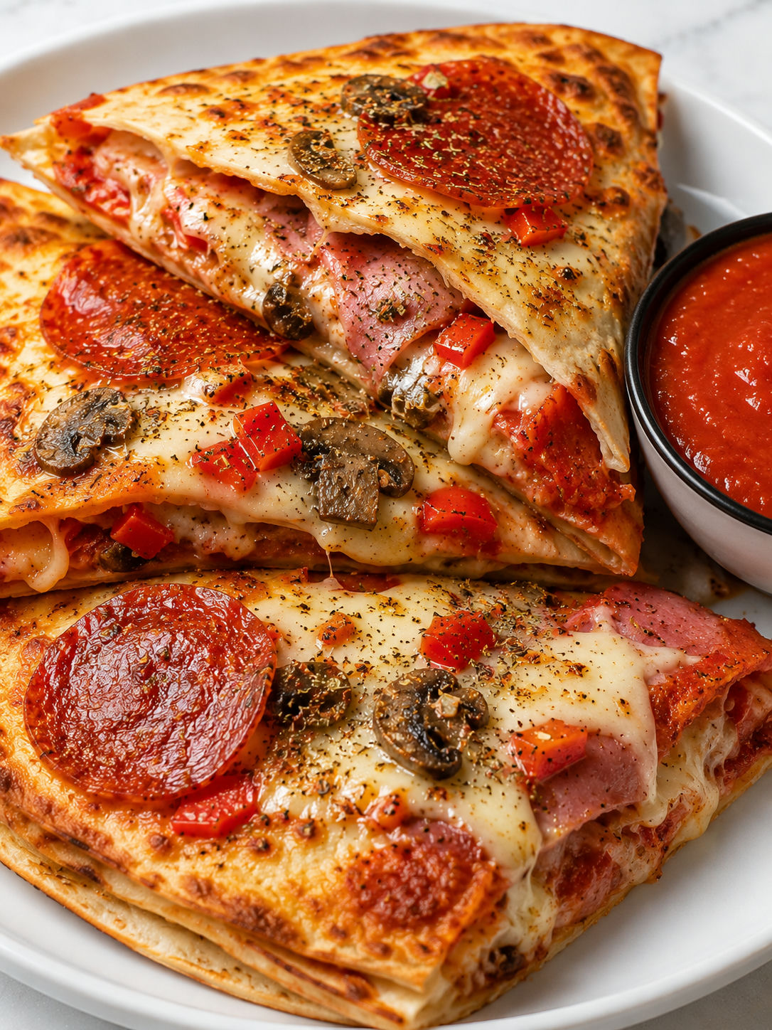 Golden pizzadilla wedges with crisp pepperoni, melted cheese, and sauce