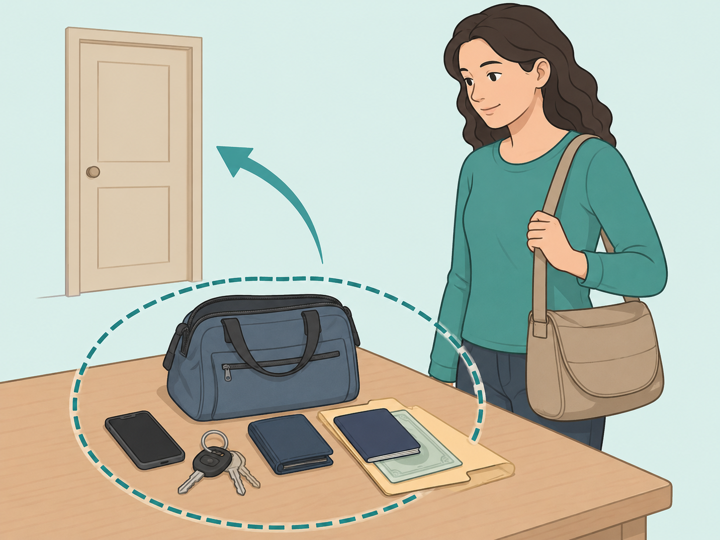 Illustration of a person preparing a quiet safety plan with a bag, phone, keys, and documents.