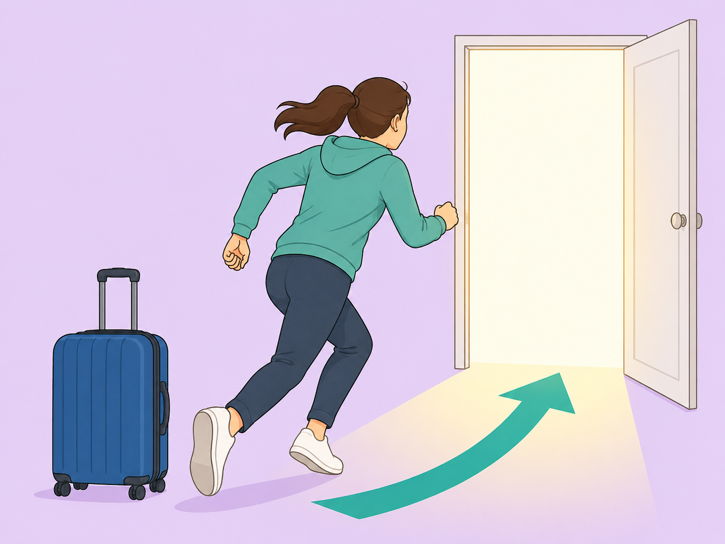 A person prioritizing immediate safety by leaving through a doorway without stopping for belongings.