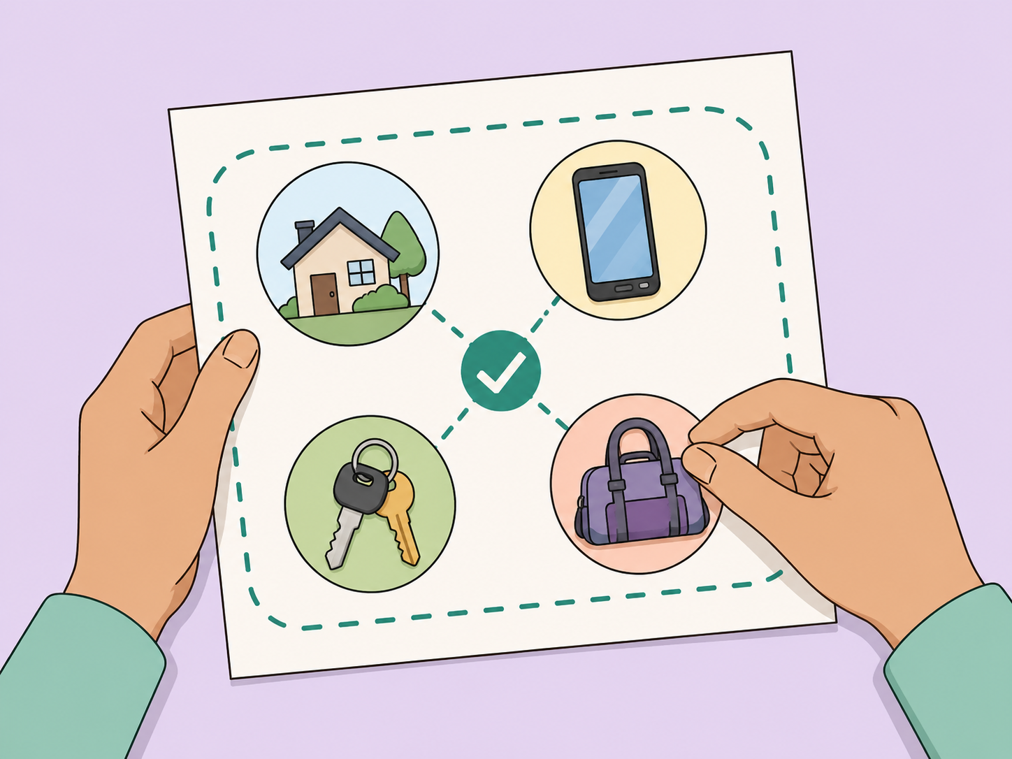 Hands organizing a safety plan with destination, phone, keys, and essential items.