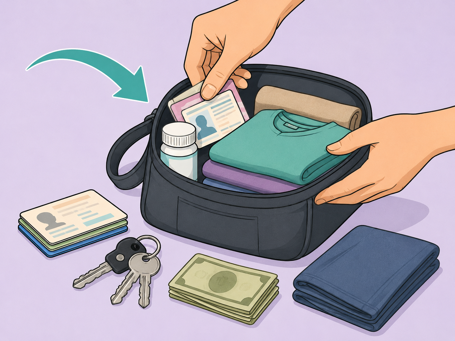 Hands packing essential documents, medicine, keys, and clothes into a small bag.