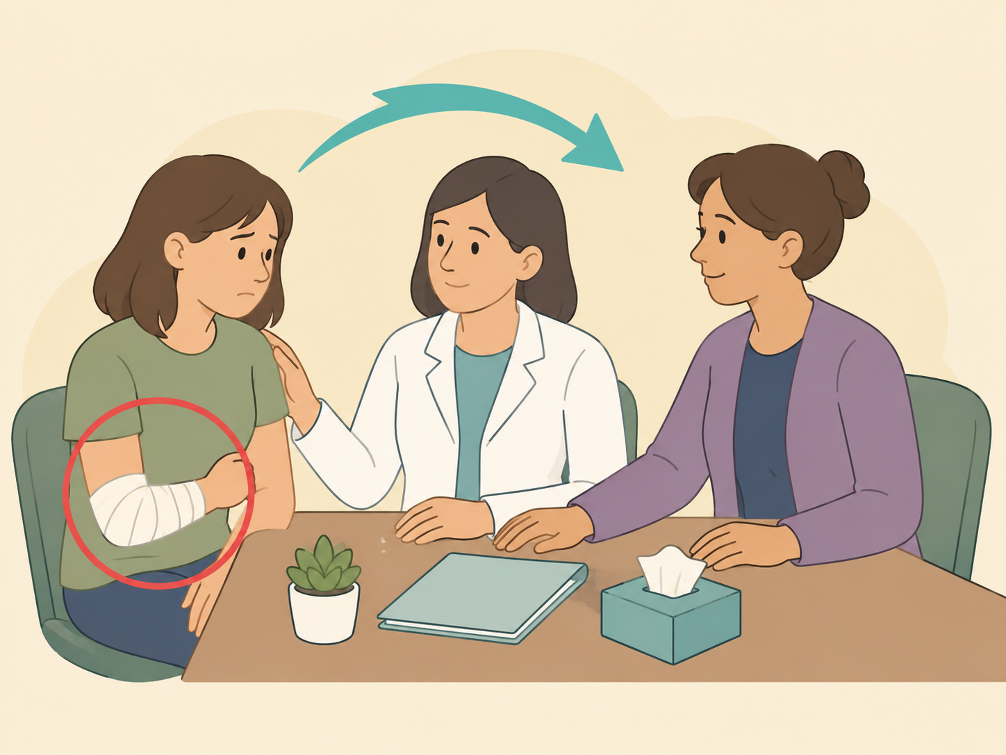 A person seeking medical or legal support after leaving an unsafe relationship.