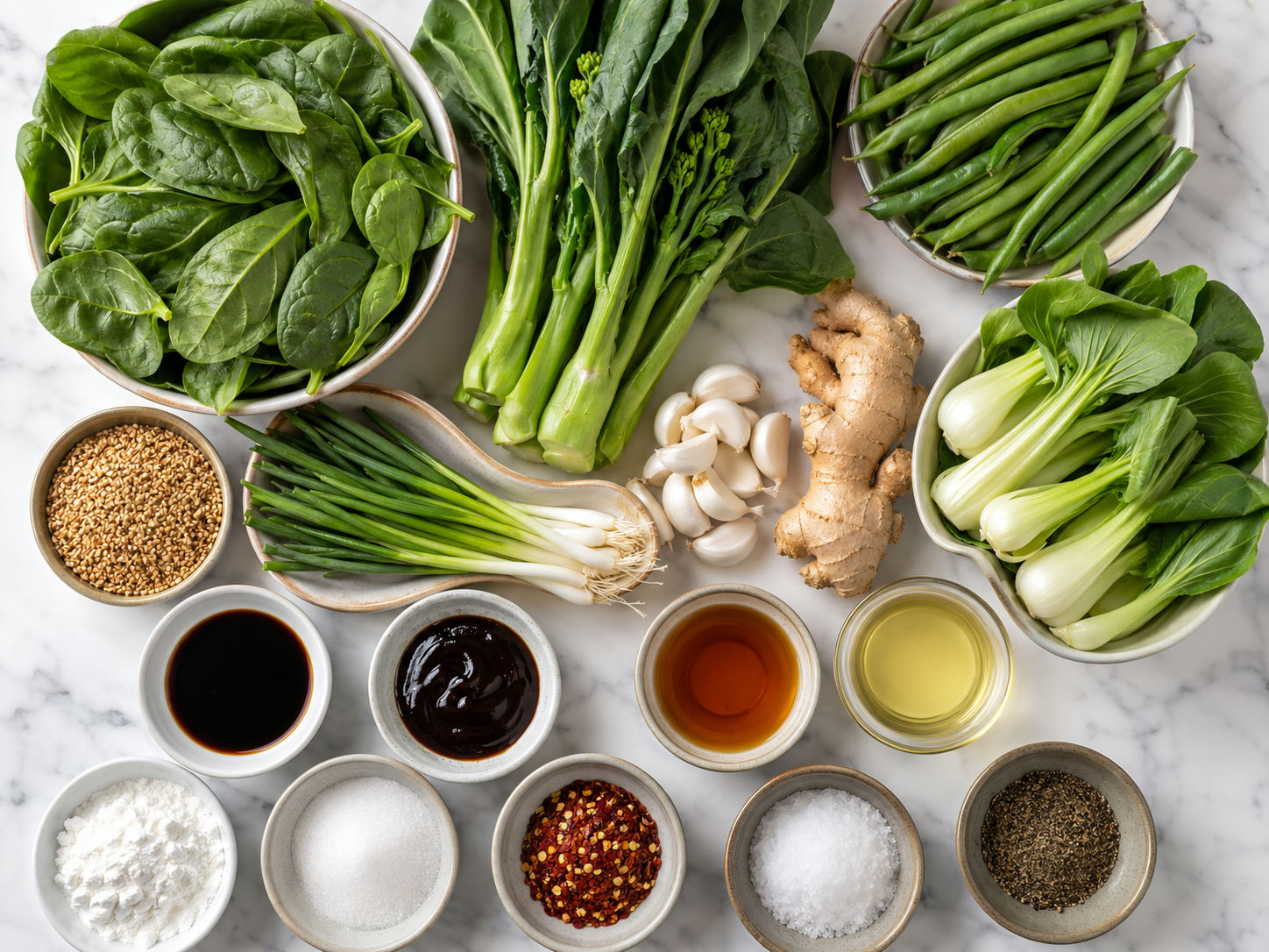 Fresh Asian greens with garlic, ginger, soy sauce, sesame, and oyster sauce