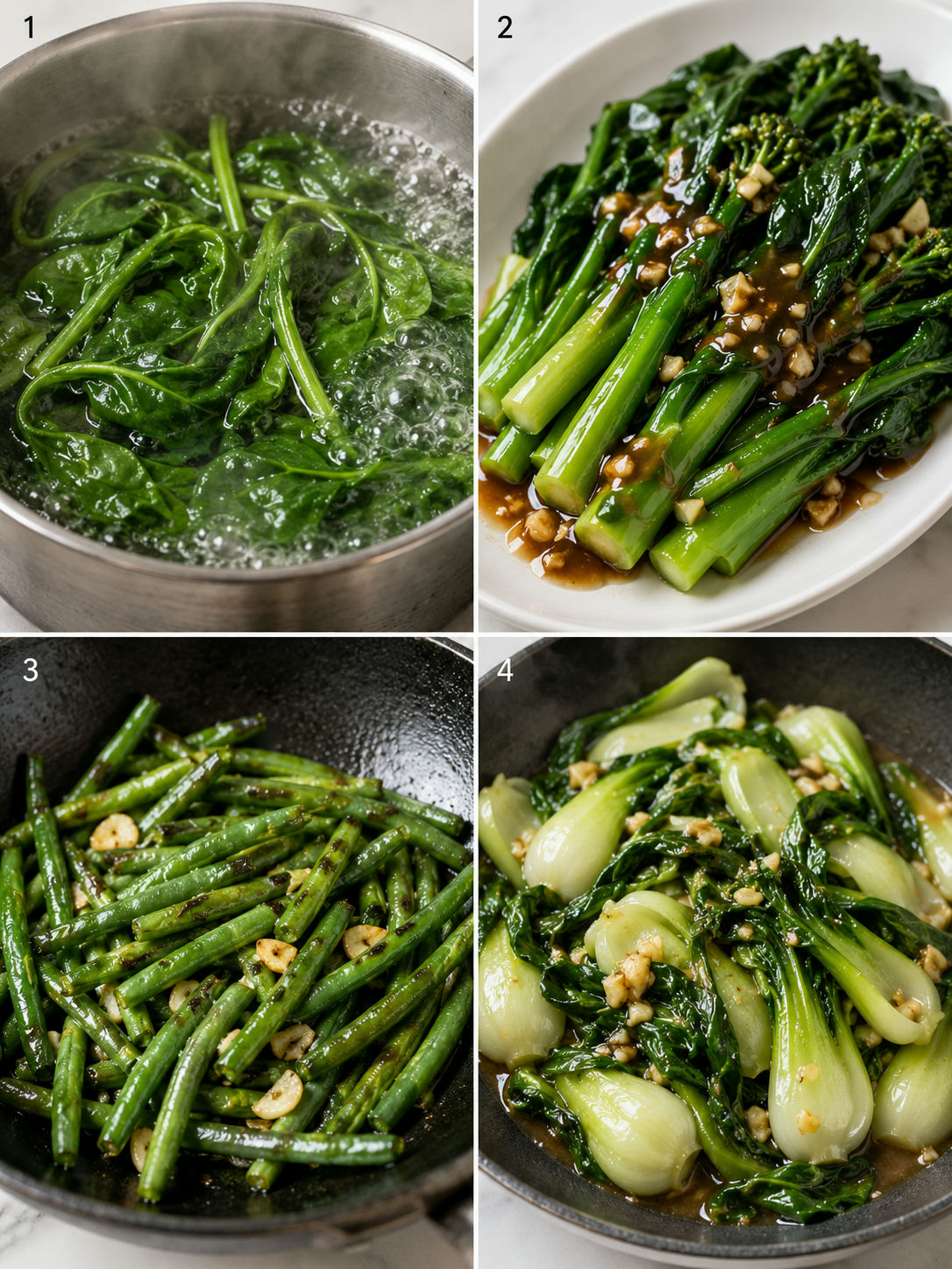 Four cooking steps for Asian spinach, gai lan, green beans, and bok choy
