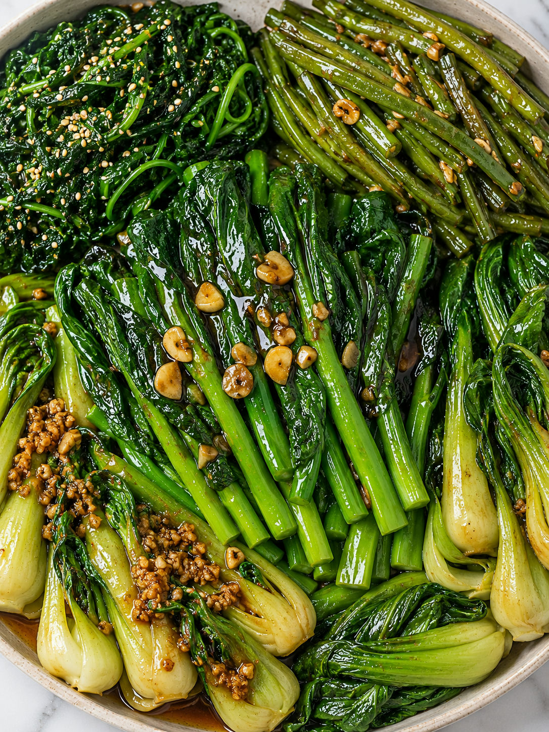 Asian green vegetable side dish spread with glossy sauce and sesame seeds